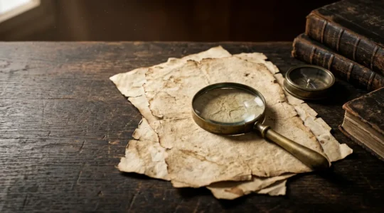 Composizione minimalista che evoca la ricerca storica e l'interpretazione critica di documenti antichi
