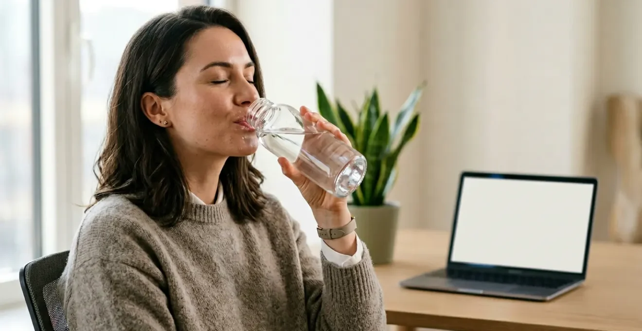 Persona che beve acqua durante una pausa lavoro con atmosfera produttiva e luminosa