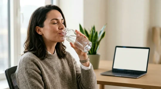 Persona che beve acqua durante una pausa lavoro con atmosfera produttiva e luminosa