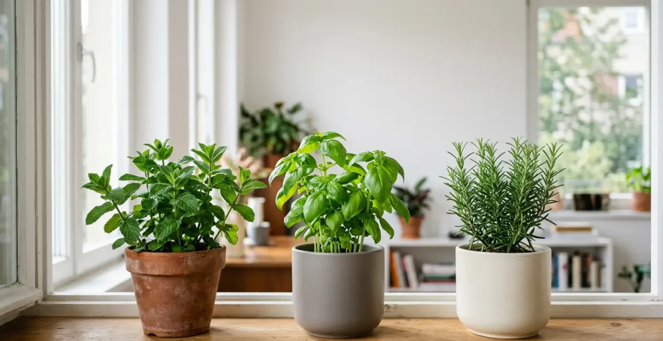 Piante aromatiche fresche di basilico, rosmarino e menta coltivate in vasi moderni su davanzale luminoso di appartamento