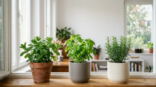 Piante aromatiche fresche di basilico, rosmarino e menta coltivate in vasi moderni su davanzale luminoso di appartamento