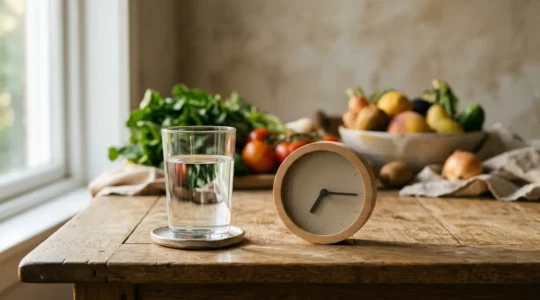 Rappresentazione visiva dell'equilibrio tra vita quotidiana e routine salutari attraverso composizione simbolica