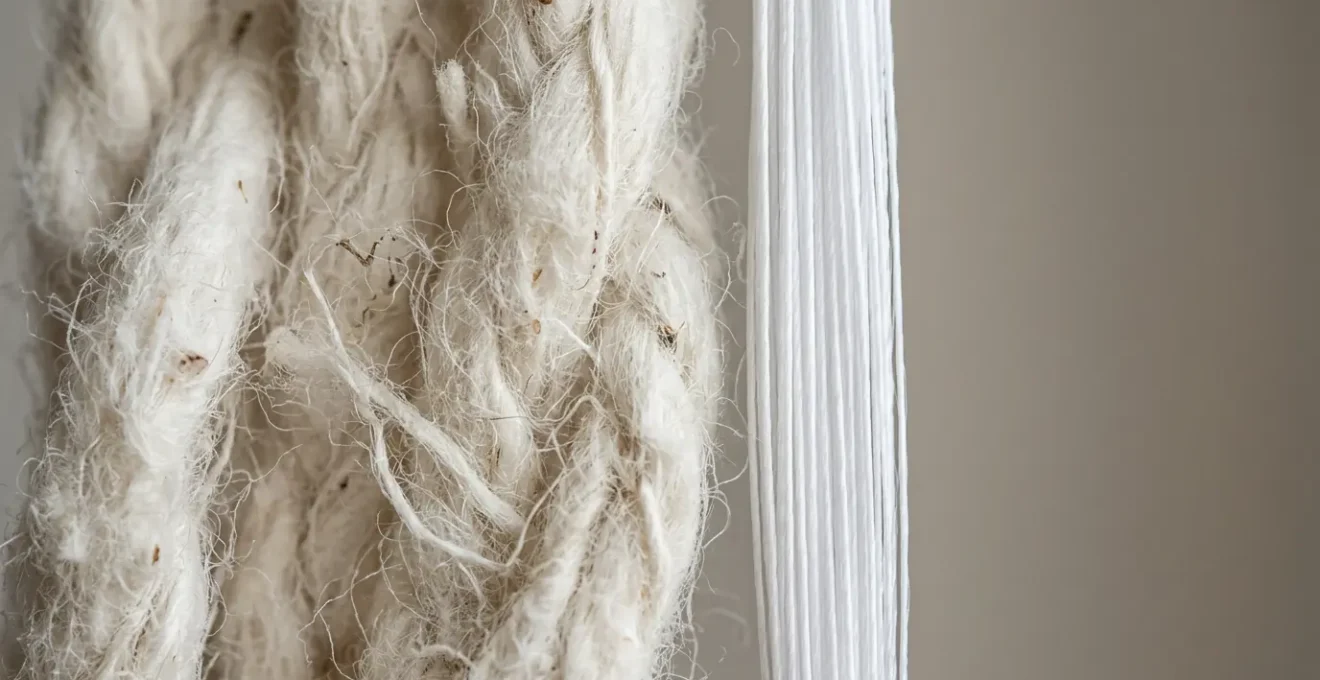 Esame ravvicinato di fibre di cotone organico naturale con certificazione tessile che evidenzia la differenza tra materiali naturali autentici e tessuti sintetici