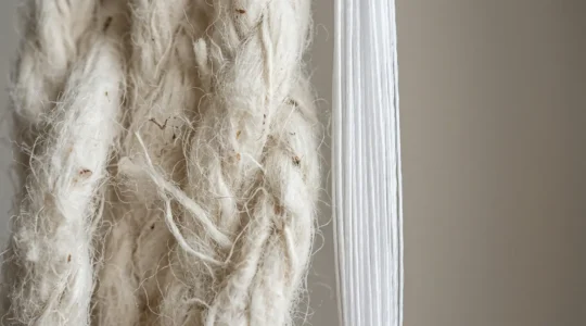 Esame ravvicinato di fibre di cotone organico naturale con certificazione tessile che evidenzia la differenza tra materiali naturali autentici e tessuti sintetici