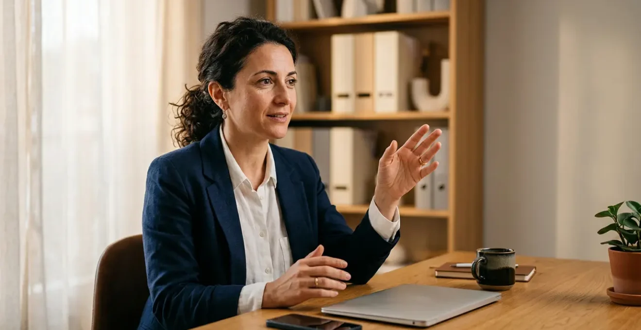 Professionista che organizza documenti digitali su cloud con smartphone e laptop in ufficio moderno