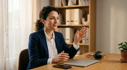 Professionista che organizza documenti digitali su cloud con smartphone e laptop in ufficio moderno