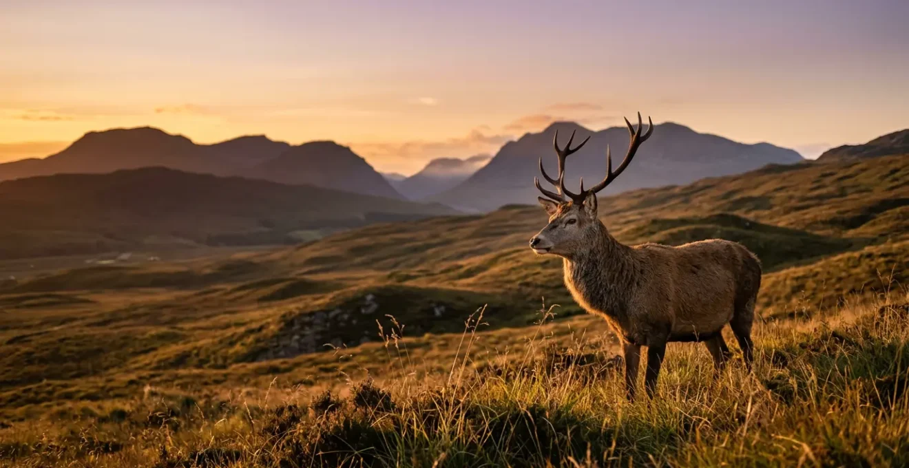 Fotografo naturalista che immortala un cervo al tramonto durante la golden hour con luce dorata e paesaggio montano sullo sfondo