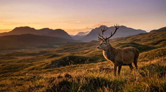 Fotografo naturalista che immortala un cervo al tramonto durante la golden hour con luce dorata e paesaggio montano sullo sfondo