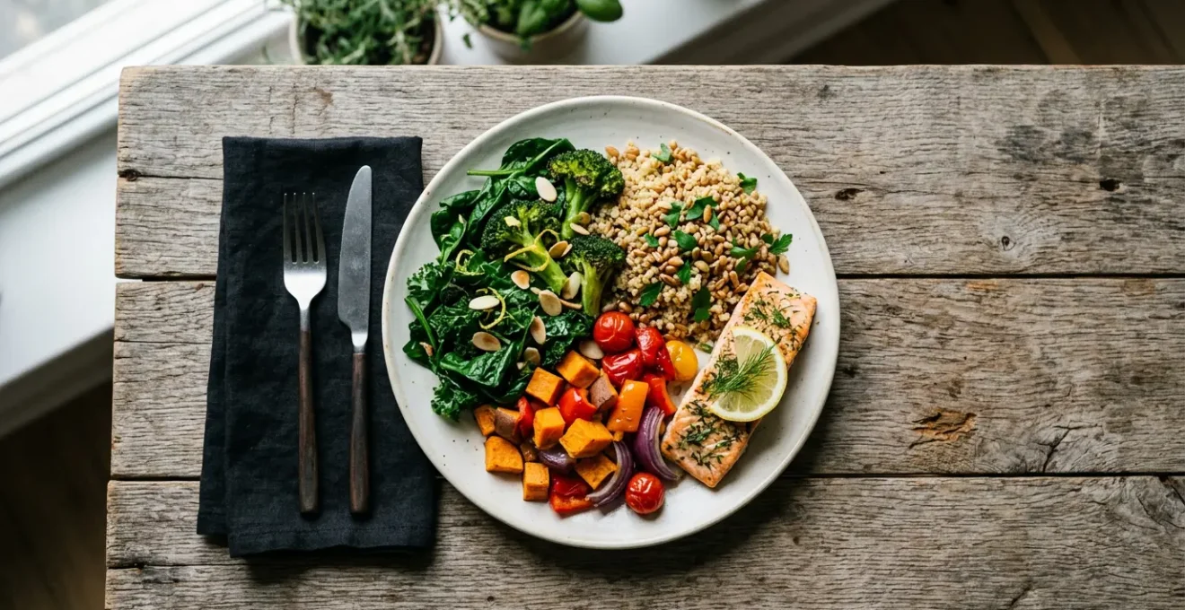 Piatto colorato con verdure fresche, cereali integrali e proteine per rinforzare le difese immunitarie in modo naturale