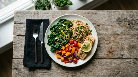 Piatto colorato con verdure fresche, cereali integrali e proteine per rinforzare le difese immunitarie in modo naturale
