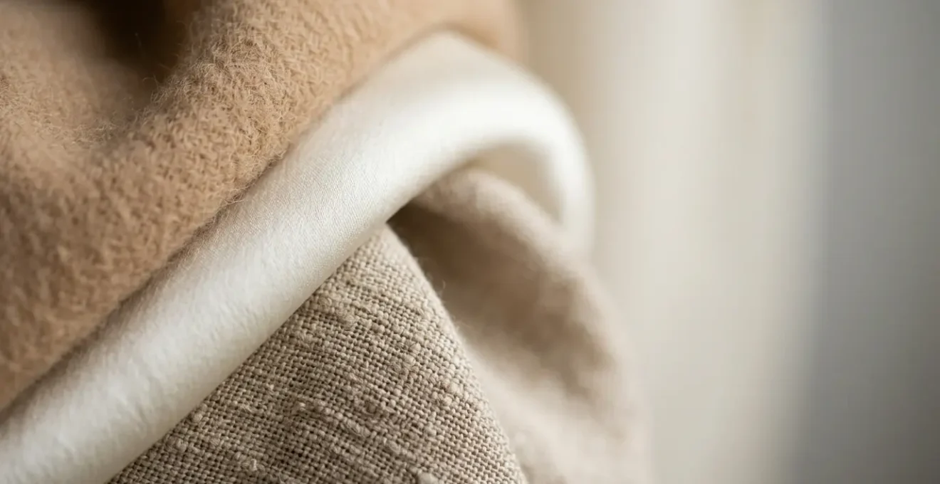 Dettaglio ravvicinato di tessuti pregiati naturali con texture tattili visibili e drappeggio elegante