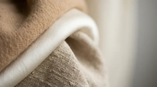 Dettaglio ravvicinato di tessuti pregiati naturali con texture tattili visibili e drappeggio elegante