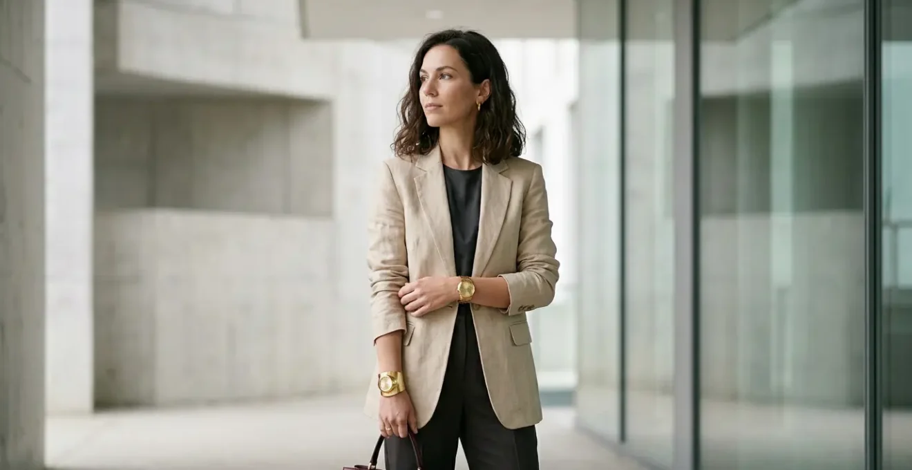 Una donna elegante che indossa un outfit minimalista neutro valorizzato da tre accessori strategici distintivi