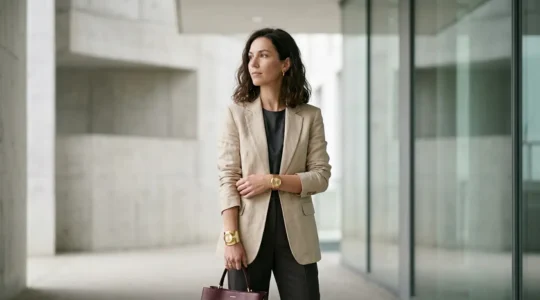Una donna elegante che indossa un outfit minimalista neutro valorizzato da tre accessori strategici distintivi