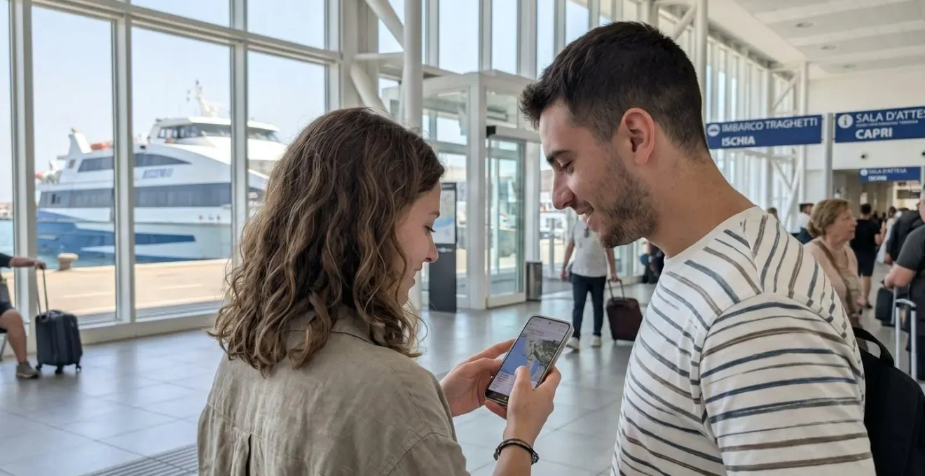 Una coppia italiana vista di spalle osserva insieme uno smartphone in un luminoso terminal portuale mediterraneo con un moderno traghetto sfocato sullo sfondo