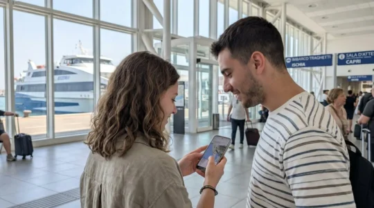 Una coppia italiana vista di spalle osserva insieme uno smartphone in un luminoso terminal portuale mediterraneo con un moderno traghetto sfocato sullo sfondo