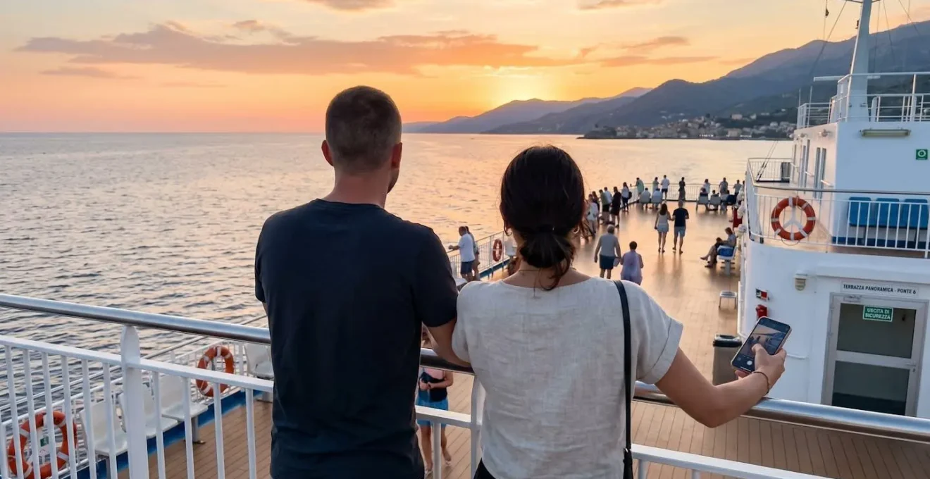 Una coppia vista di spalle osserva l'orizzonte marino dal ponte di un traghetto al tramonto nel Mediterraneo