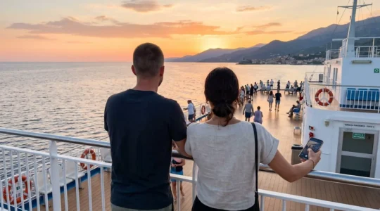 Una coppia vista di spalle osserva l'orizzonte marino dal ponte di un traghetto al tramonto nel Mediterraneo