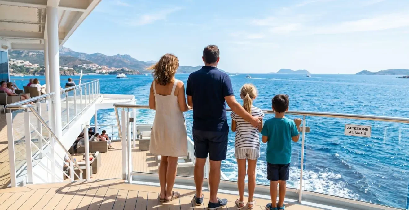 Una famiglia di quattro persone vista di spalle osserva il mare dal ponte di un traghetto moderno sotto il sole del Mediterraneo