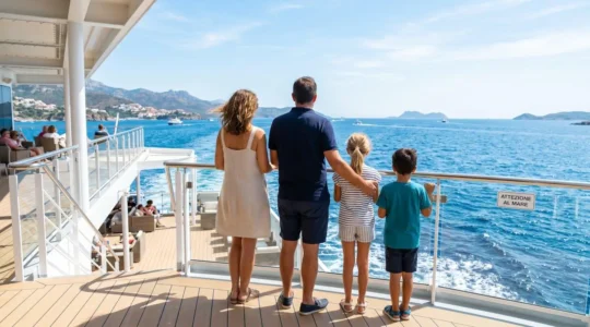 Una famiglia di quattro persone vista di spalle osserva il mare dal ponte di un traghetto moderno sotto il sole del Mediterraneo