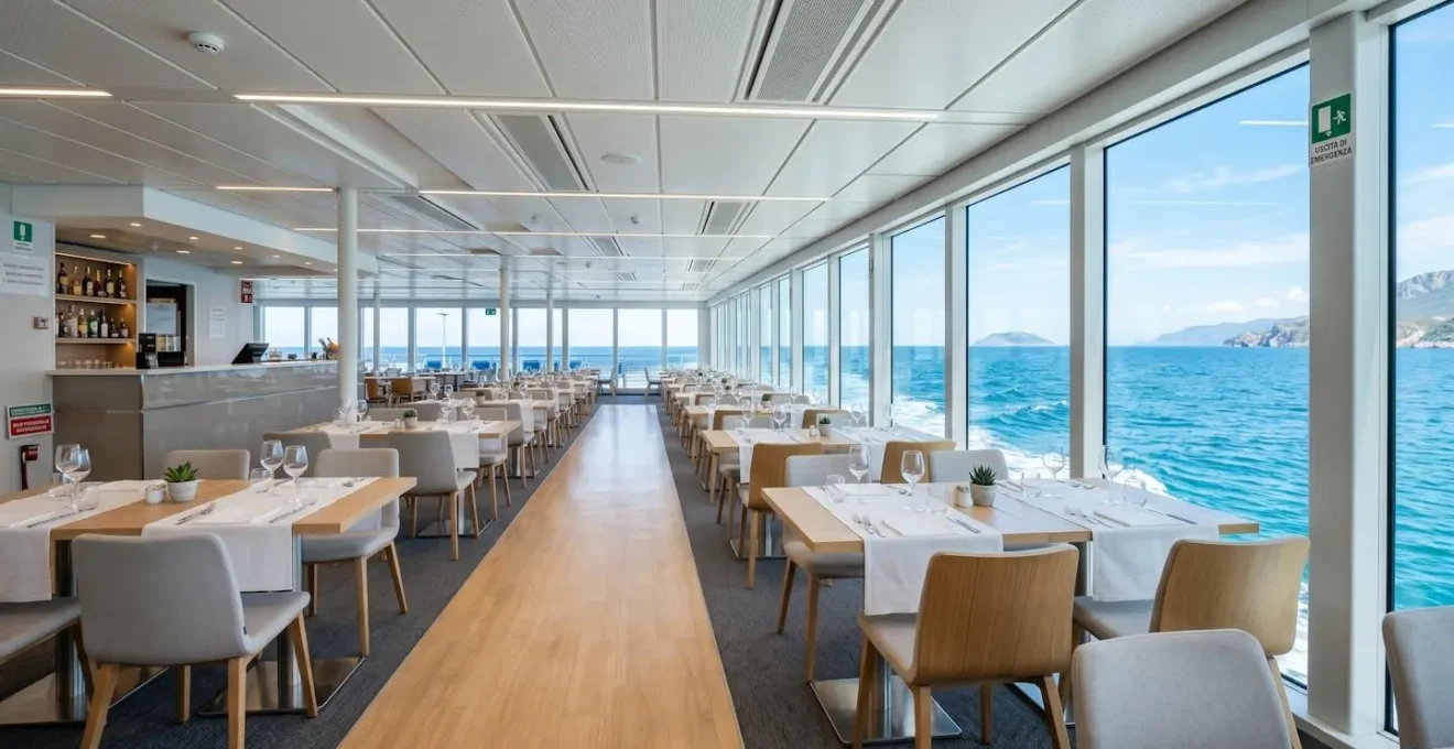 Interno di un ristorante moderno a bordo di un traghetto con tavoli puliti e grandi finestre che mostrano il mare