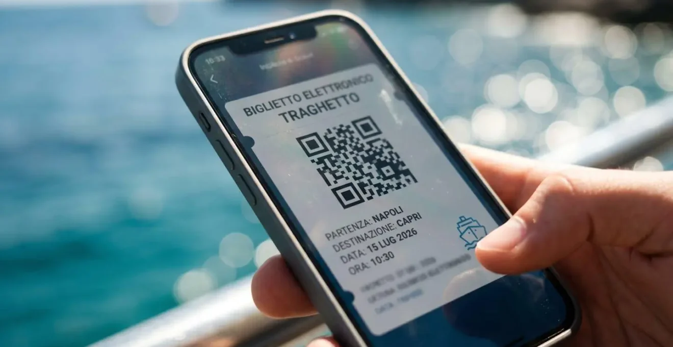 Primo piano di uno smartphone che mostra sullo schermo un biglietto elettronico di traghetto con QR code, sfondo sfocato blu mare